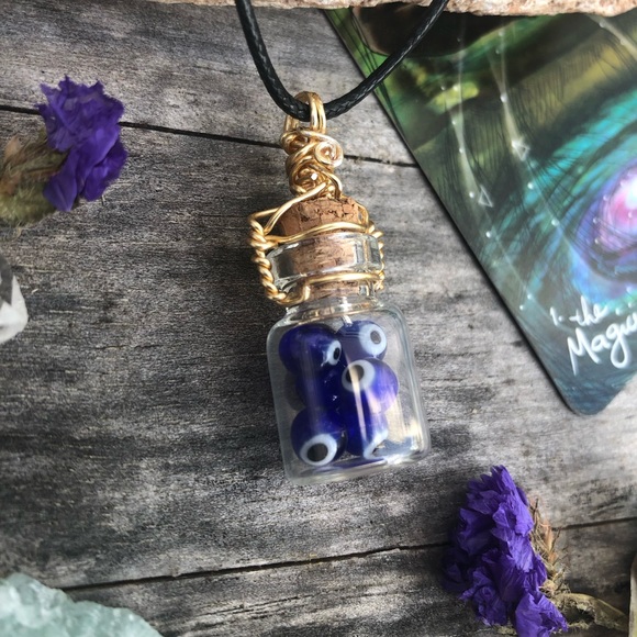 Evil Eye Protection Bottle Necklace Wire Wrapped - in Gold Wire - Picture 4 of 13